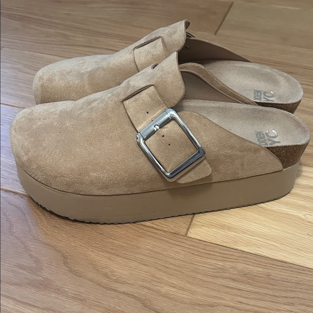 Madden NYC Platform Suede Mules with Buckle - Beige - Picture 2 of 7